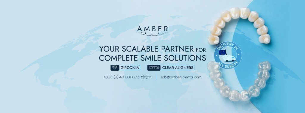 Baneri Amber Dental Lab: partner i shkallëzueshëm për zgjidhje të plota buzëqeshjeje me kurora zirkoni, proteza transparente dhe dërgesë në të gjithë Evropën